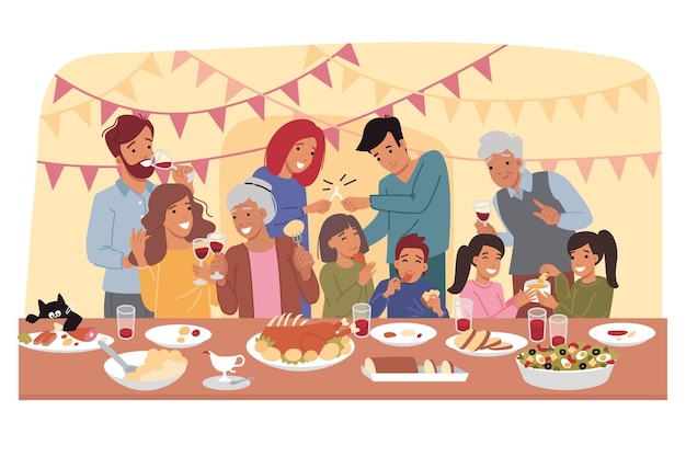 Gezinsfeest op Thanksgiving Eve met gelukkige mensen van verschillende leeftijden bij de feesttafel