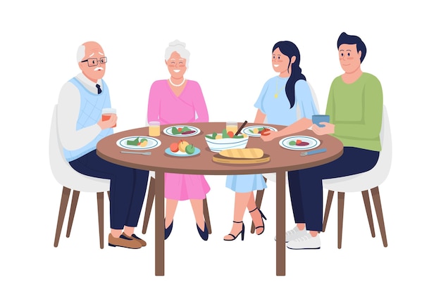 Gezinsleden die samen dineren in semi-egale kleur vectortekens
