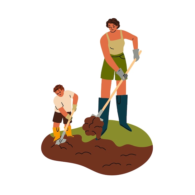 Gezinswerk op de boerderij Zoon helpt moeder met het graven van de grond met een schop Moeder en kind boeren bevruchten de aarde met mest Vlakke vectorillustratie geïsoleerd op witte achtergrond