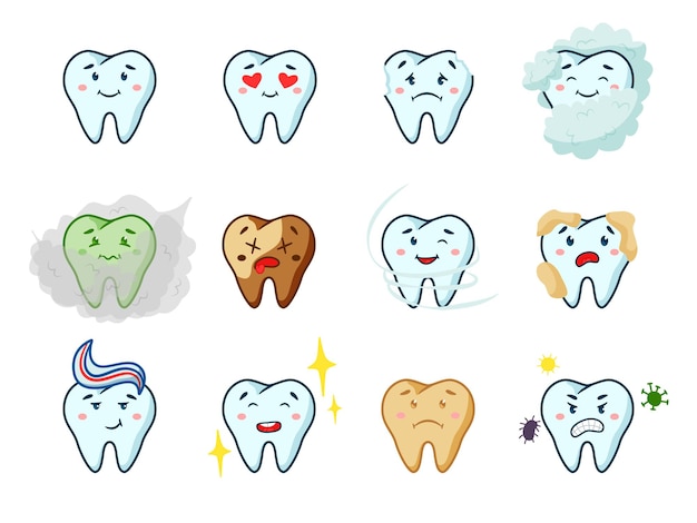 Gezond en ongezond tandkarakter met verschillende emotie. Leuke gelukkige en ongelukkige, glanzende schone en onwel carieuze tanden tandheelkundige personage vectorillustratie geïsoleerd op een witte achtergrond