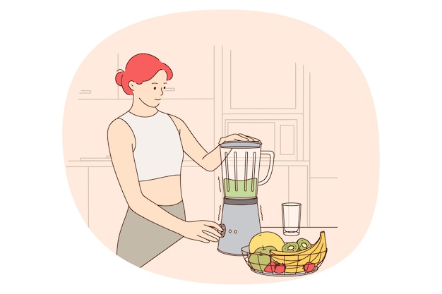 Gezond eten en lifestyle concept jonge lachende slanke vrouw permanent en het maken van groene smoothies met vers fruit en groenten in blender in keuken vectorillustratie