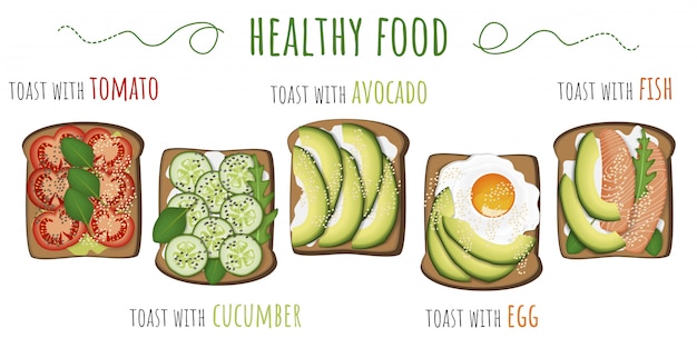 Gezond eten. toast met avocado, tomaat, gebakken ei, komkommer en vis