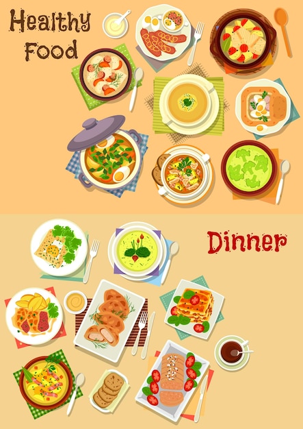 Gezond eten voor lunch en diner icon set