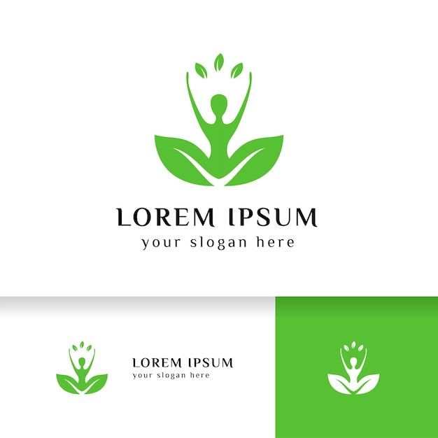 Gezond leven logo ontwerp vector in groene kleur. mens in groene bladeren vectorillustratie