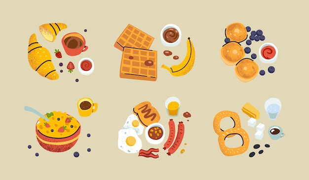 Vector gezond ontbijt. ontbijten van verschillende regio's en landen eten en drinken. hand getrokken pictogrammen en logo's.