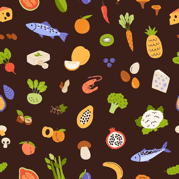 Gezond voedingspatroon. Naadloze achtergrond met groenten, fruit, vis, zeevruchten, kaas. Herhalend textuurontwerp met verse boodschappen. Gekleurde platte vectorillustratie voor afdrukken en decoratie
