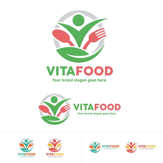 Gezond voedsel logo, mensen met vork en lepel symbool