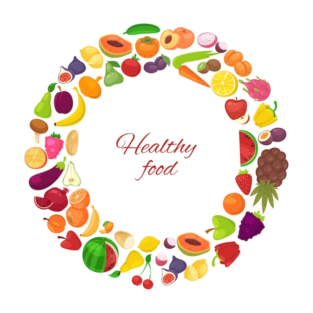 Gezond voedsel met organische die groenten en groenten in cirkel op wit wordt geïsoleerd