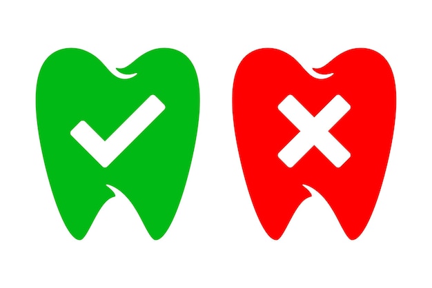 Gezonde en beschadigde menselijke tand pictogram vector set Groen en rood vinkje tand medisch logo geïsoleerd