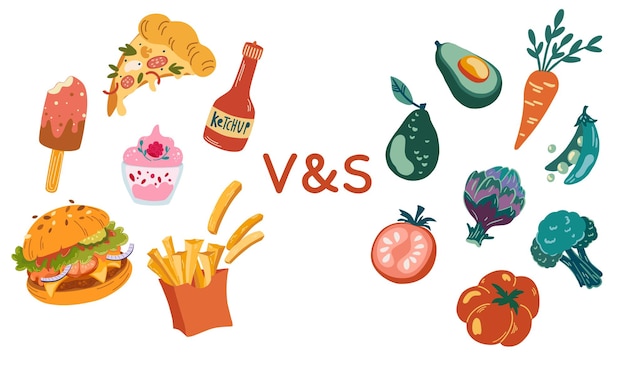 Vector gezonde en ongezonde voeding biologische groenten en fruit fast food hamburger pizza ijs taart ketchup en frietjes concept van het kiezen tussen goede en slechte voeding vectorillustratie