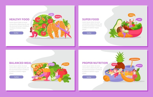 Gezonde en superfood platte set horizontale banners met afbeeldingen van een uitgebalanceerde maaltijd