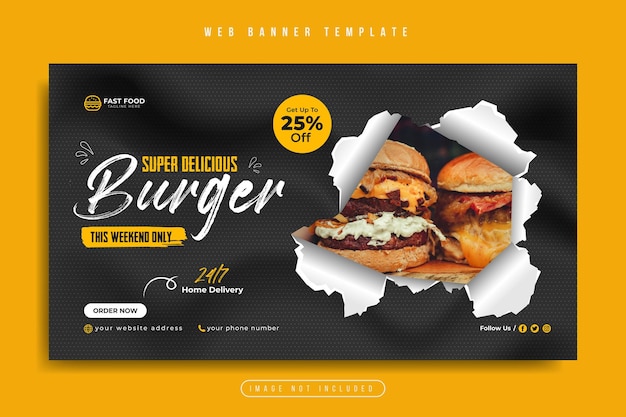 Gezonde hamburger of voedselmenu promotie webbanner met restaurantlogo en social media icoon