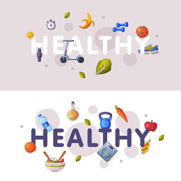 Gezonde levensstijl banners set fitness en sport goede voeding voedsel cartoon stijl vector