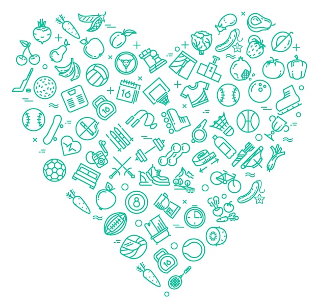 Gezonde levensstijl doodle icoon in hartvorm Lineaire symbolen