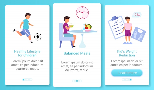 Gezonde levensstijl voor kinderen die mobiele app-schermsjabloon aan boord nemen. gebalanceerde maaltijden. walkthrough website stappen met platte karakters. ux, ui, gui smartphone cartoon interface-concept