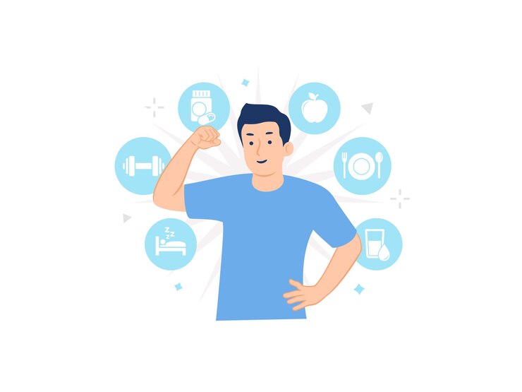 Gezonde man met gezonde levensstijl gewoonten activiteiten oefening concept illustratie