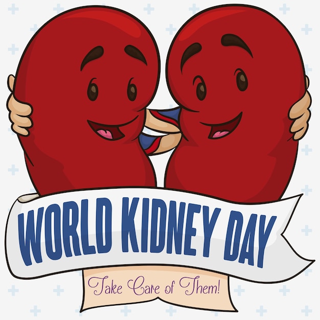 Gezonde nieren die elkaar omhelzen als partners achter een lint om World Kidney D te vieren