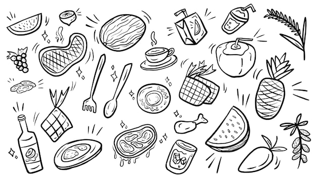 Vector gezonde voeding en fruit doodle overzicht vector icon set sjabloon collectie voor kleurboek