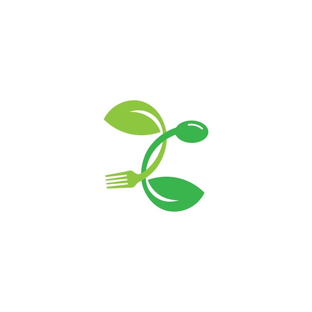 Gezonde voeding logo concept logo met het symbool van een lepel, vork en blad Kan zijn voor restaurants gezonde voedingsmiddelen website logo's voor voedselconsulenten en anderen