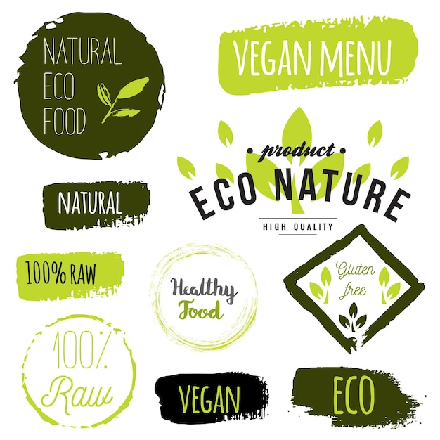 Gezonde voeding pictogrammen etiketten Biologische tags Natuurlijke productelementen Logo voor vegetarisch restaurant