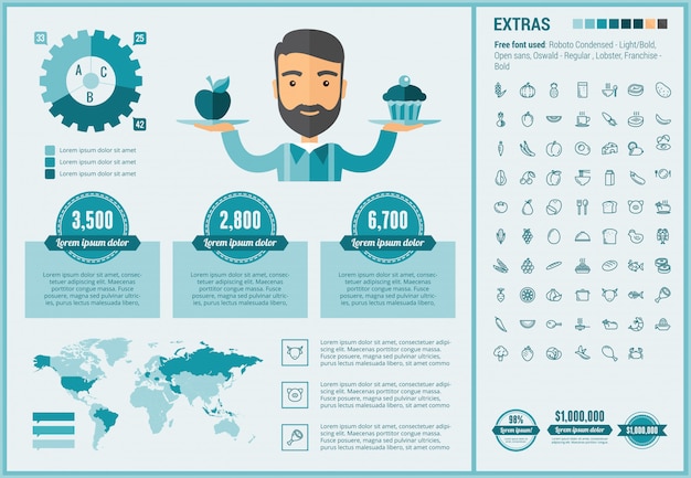 Gezonde voeding platte ontwerp infographic sjabloon en pictogrammen instellen