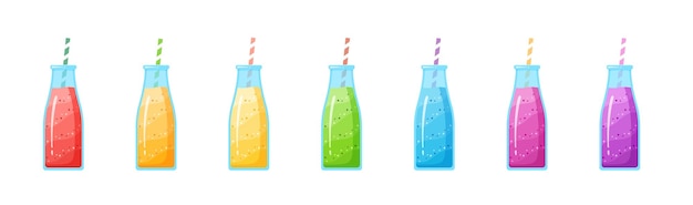 Gezonde voeding smoothie drankje instellen afbeelding. glazen fles met stro en gelaagde verse cocktail in regenboogkleuren collectie geïsoleerd op een witte achtergrond voor café smoothie