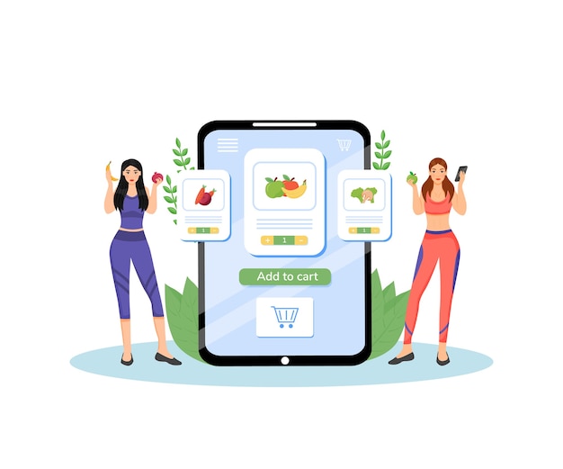 Gezonde voedingsplan platte concept illustratie. Vrouwelijke voedingsdeskundigen, diëtisten 2D stripfiguren voor webdesign. Vers fruit en groenten bezorgservice creatief idee