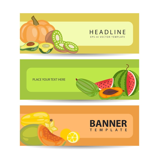 Gezonde voedselbanners setVers fruit en groente Vectorillustratie met groente en fruit