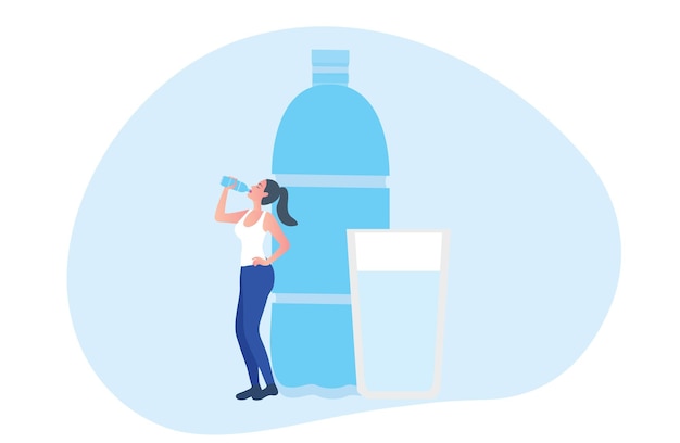 Gezonde vrouw drinkwater uit plastic fles vectorillustratie Gezonde levensstijl concept