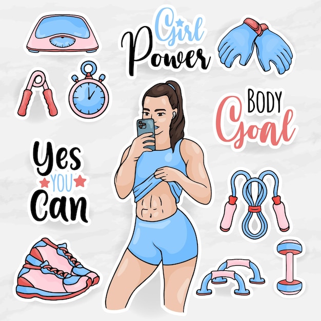 Gezonde vrouwen sticker clip art collecties set met meisje gym apparatuur