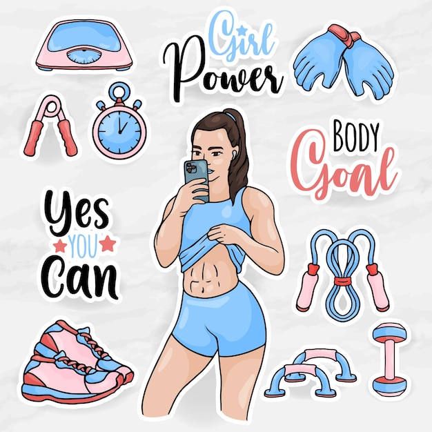 gezonde vrouwen sticker clip art collecties set met meisje gym apparatuur