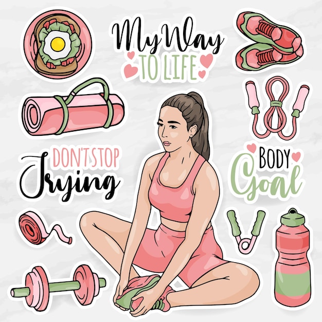 Gezonde vrouwen sticker clip art collecties set met meisje gym apparatuur