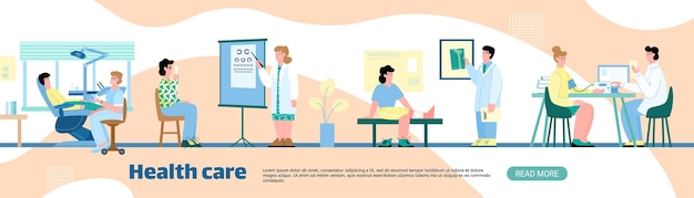 Gezondheidszorg kliniek banner met mensen bezoeken artsen cartoon vectorillustratie