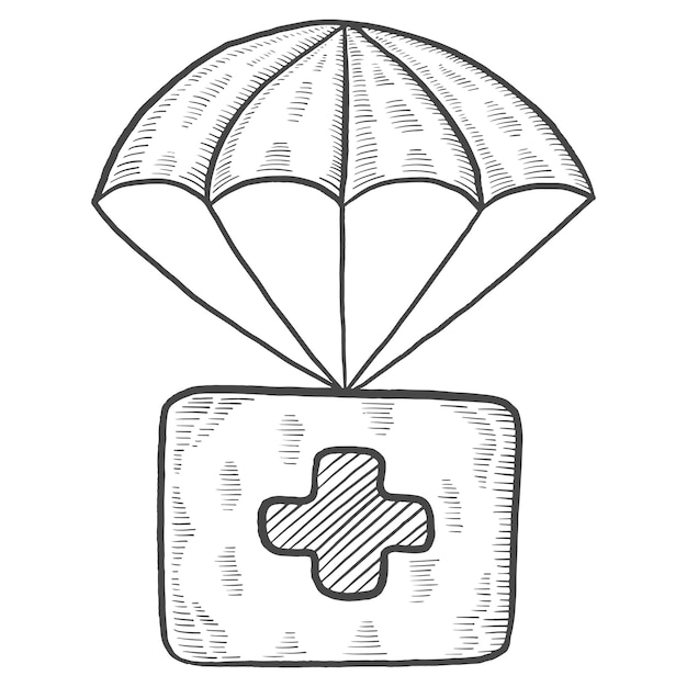 Gezondheidszorg parachute box liefdadigheid humanitaire internationale dag geïsoleerde doodle handgetekende schets met kaderstijl