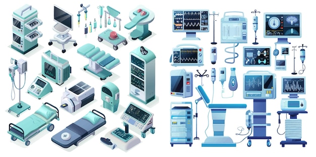 Vector gezondheidszorg ziekenhuis kliniek medische diagnostische apparatuur apparaten set