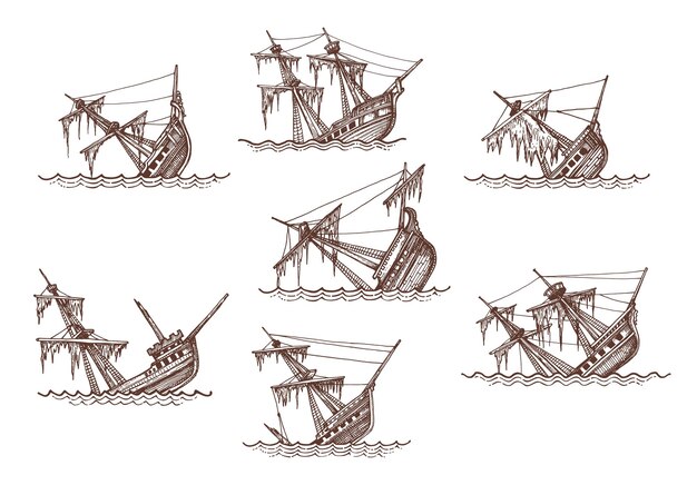 Vector gezonken varend brigantijnschip schetst schipbreuk