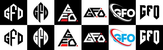 Дизайн логотипа буквы gfo в шести стилях многоугольник gfo, круг, треугольник, шестиугольник, плоский и простой стиль с черно-белым цветовым вариантом логотипа буквы, установленный в одном артборде минималистичный и классический логотип gfo