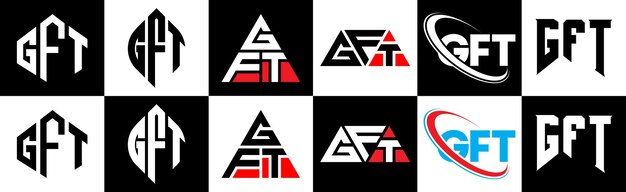 6가지 스타일의 GFT 문자 로고 디자인 GFT 다각형 원형 삼각형 육각형 평평하고 단순한 스타일(한 아트보드에 설정된 흑백 색상 변형 문자 로고 포함) GFT 미니멀리스트 및 클래식 로고
