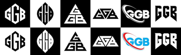 6 つのスタイルの GGB 文字ロゴ デザイン GGB ポリゴン サークル トライアングル 六角形のフラットでシンプルなスタイルで、黒と白のカラー バリエーションの文字ロゴが 1 つのアートボードに設定されています GGB ミニマリストとクラシックなロゴ