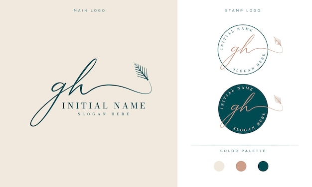 gh initial letter feminine signature logo design and palm leaf vector