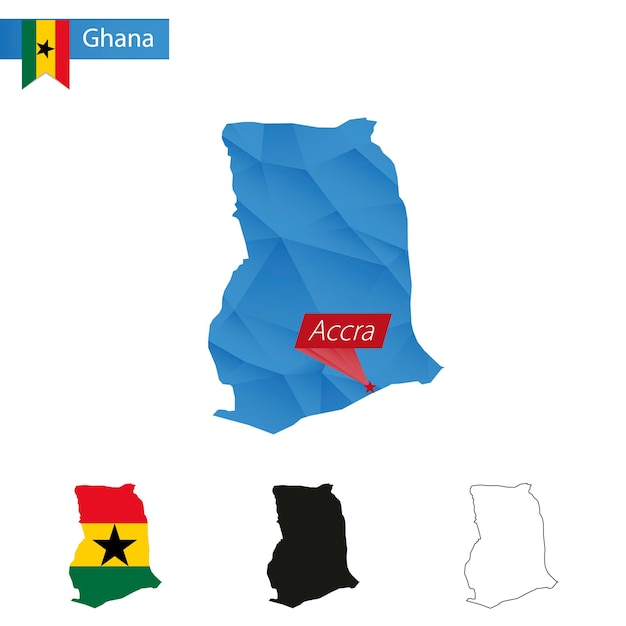 Ghana blauwe Low Poly kaart met hoofdstad Accra