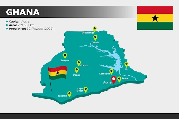 Ghana isometric 3d illustration map flag capital cities area population and map of ghana