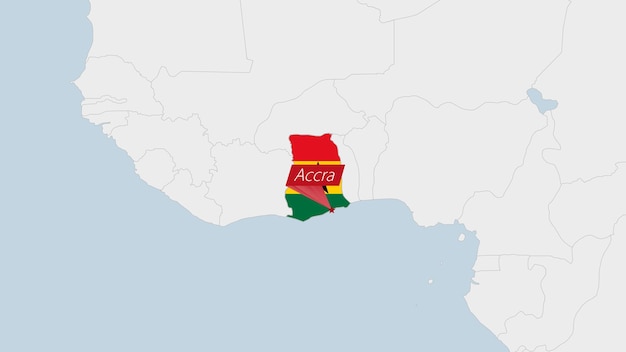 Ghana-kaart gemarkeerd in de vlagkleuren van Ghana en de pin van de hoofdstad Accra
