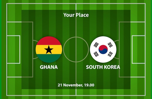 Ghana vs corea del sud calcio o calcio poster match design con bandiera e campo da calcio