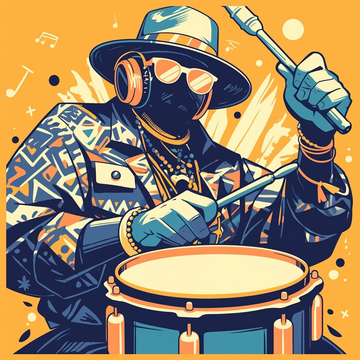 Vector ghanaian man in drummers costume playing drums