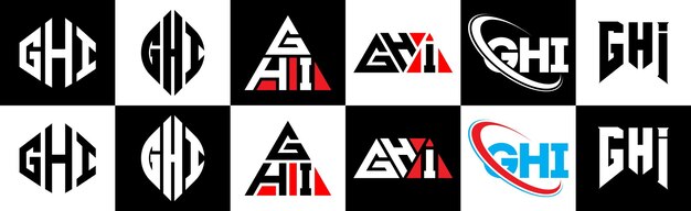 Design del logo della lettera ghi in sei stili poligono ghi cerchio triangolo esagono stile piatto e semplice con logo della lettera con variazione di colore in bianco e nero impostato in una tavola da disegno logo ghi minimalista e classico