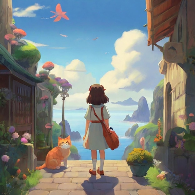 ベクトル ghibli スタイルの猫と女の子