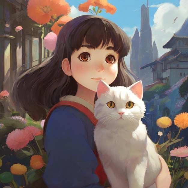 Vector ghibli style cat and girl