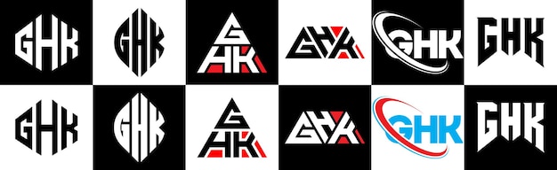 GHK letter logo design in six style GHK polygon circle triangle hexagon flat and simple style with black and white color variation letter logo set in one artboard GHK minimalist and classic logo