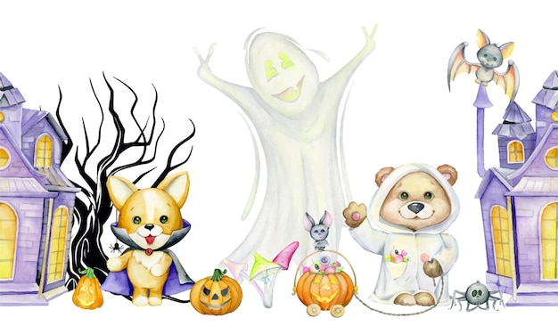 Vector ghost beer hond huis pompoen aquarel naadloze patroon voor de halloween-vakantie